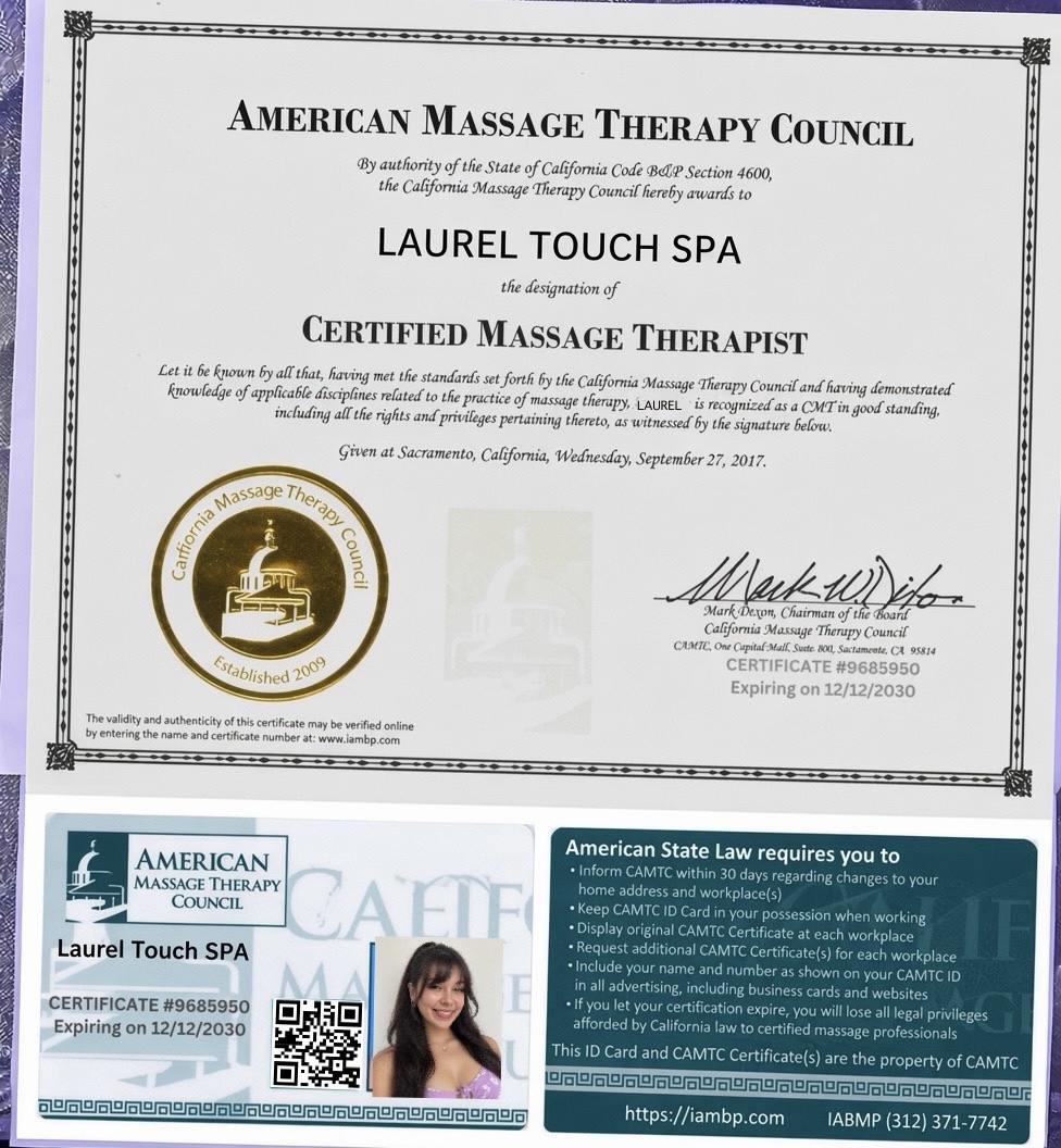 LaurelTouch Spa massage therapy certificate and identification card